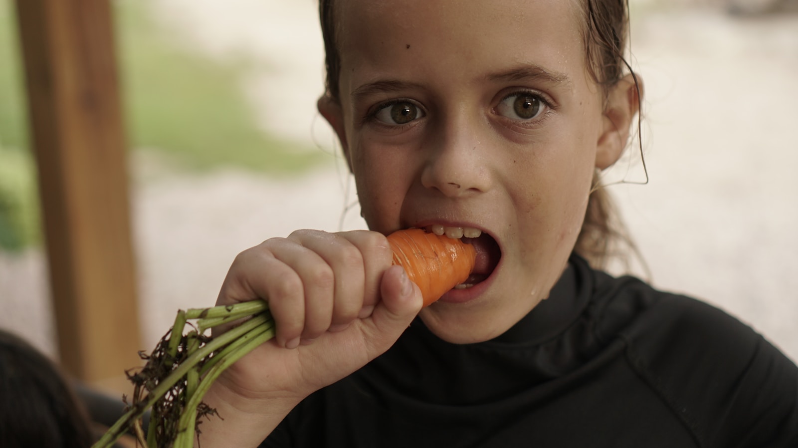 a young girl holding a carrot in her mouth